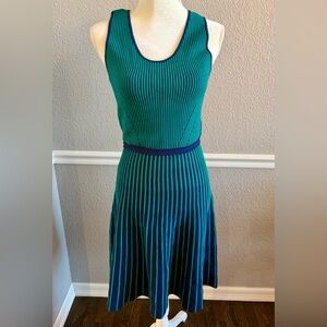 Banana Republic XS Ribbed Knit Dress Green Navy Stripe Fit Flare Stretch